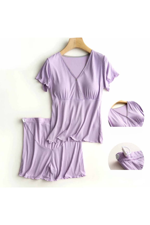 2 PCS Maternity Nursing Pajamas Set Postpartum Breastfeeding Short Sleeve Shirts, Pregnancy Blouse & Pants Pjs Purple L