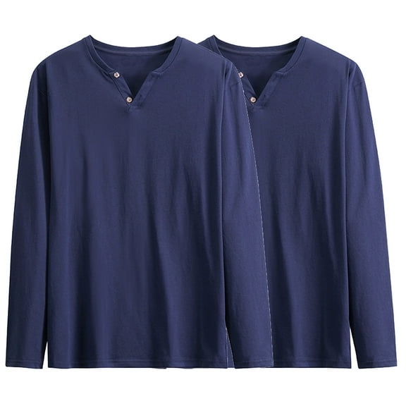 2 PCS Mens Casual Basic Tops Big & Tall Henley Neck Cotton Undershirts Long Sleeve Loose Layering Tops Pullover Navy, M