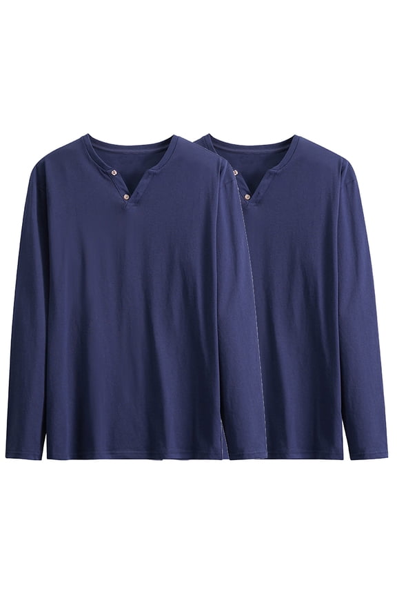 2 PCS Mens Casual Basic Tops Big & Tall Henley Neck Cotton Undershirts Long Sleeve Loose Layering Tops Pullover Navy, M