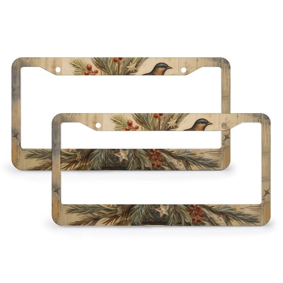2 PCS Merry Christmas With Tree And Bird License Plate Cover Vintage Bird Branch License Plate Cover Front Plates Frames Car Tag Frame Stainless Aluminum 2 Hole for US Standard Vehicles for Women Men