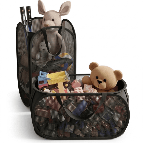 2 PCS Mesh Pop Up Laundry Hamper, about 70L large volume pop up hampers for laundry, Foldable Mesh Laundry Basket with Space-Saving Design for Home, Dorm, Travel & Storage - Black