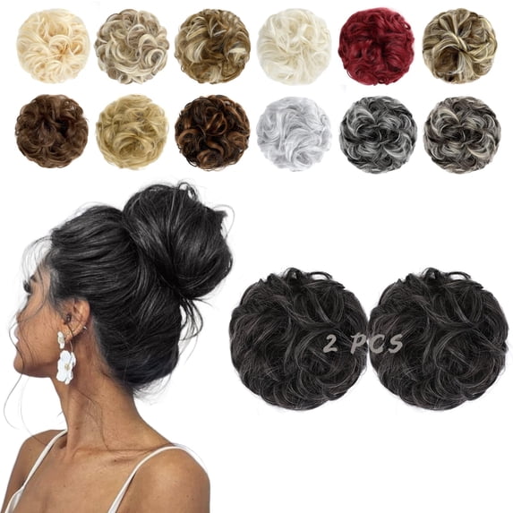 2 PCS Messy Bun Hair Piece Wavy Curly Hair Bun Scrunchies Extensions Synthetic Chignon Thick Updo Hairpieces for Women Girls