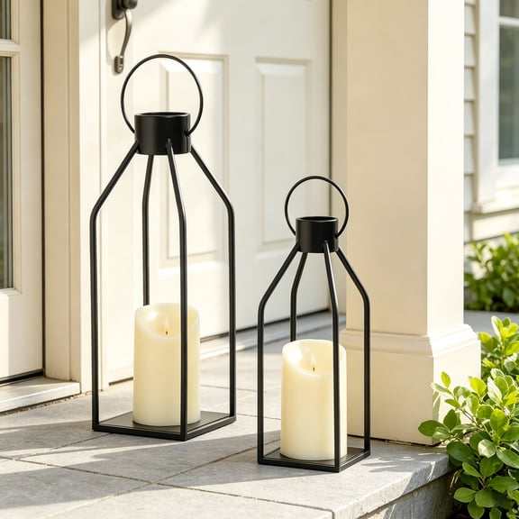 2 PCS Metal Decorative Candle Lanterns Farmhouse Indoor Outdoor Patio Porch Decor, Black