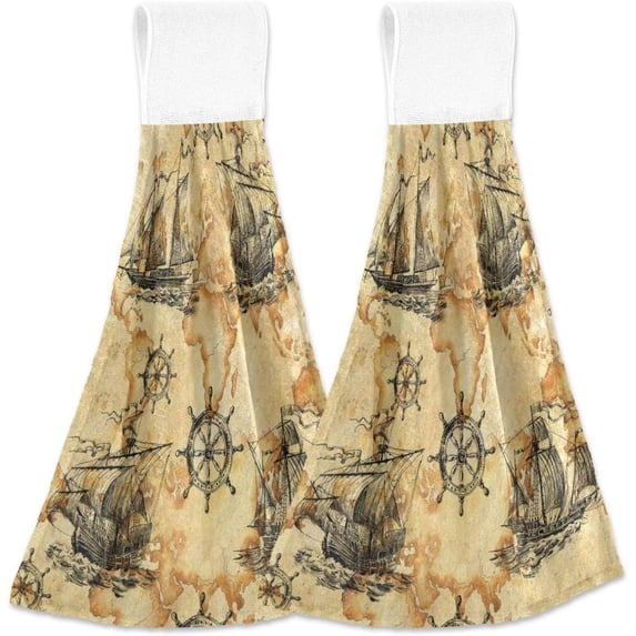 2 PCS Microfiber Hand Towels, Vintage Sailboats Painted Sailing Ship And Summer Soft Absorbent Kitchen Hand Towels with Loop, Bathroom Hand Towels, Quick Dry Microfiber Cleaning Cloth