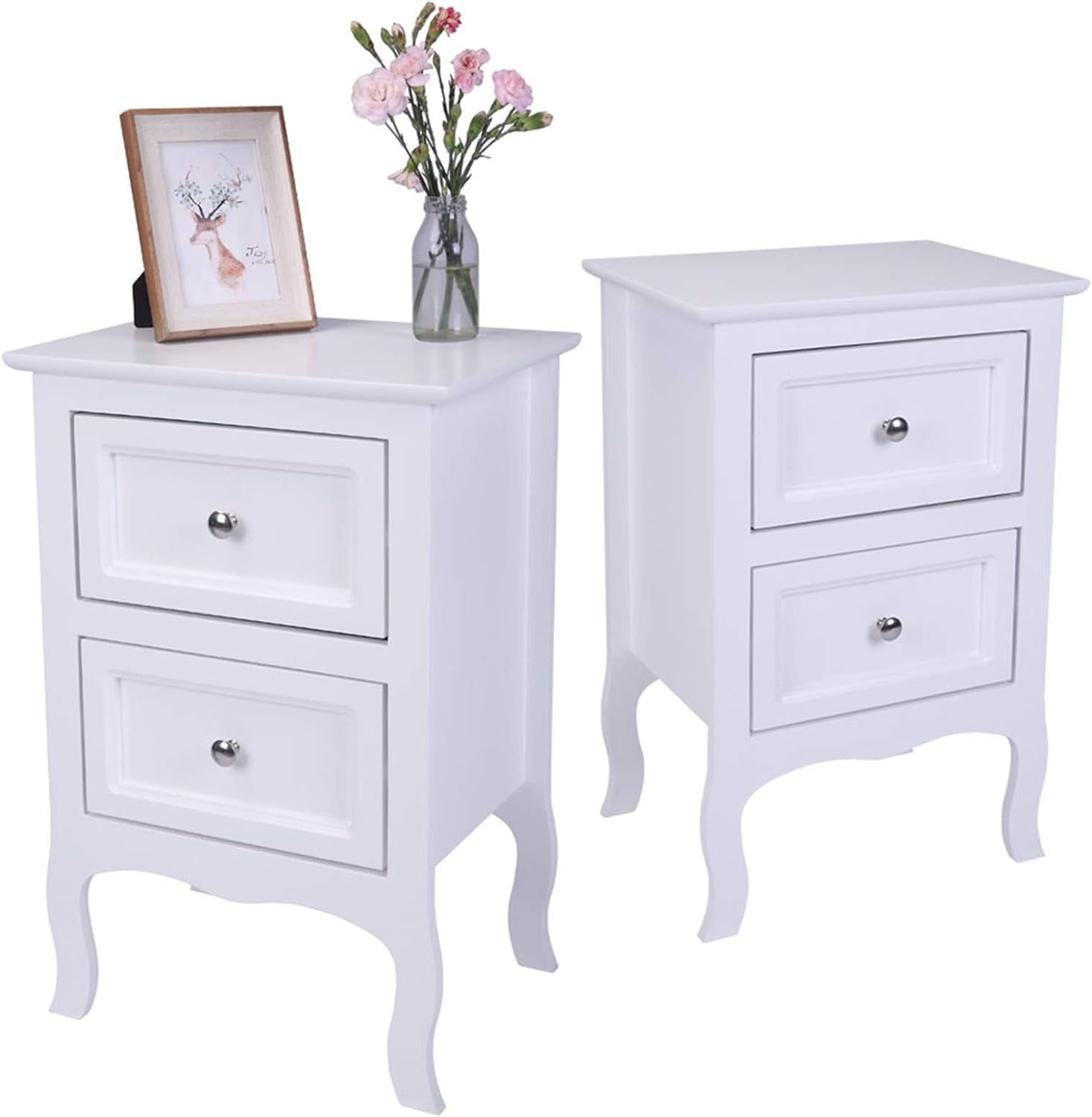 2 PCS MidCentury Modern Nightstand with 2 Drawer/High Legs Wood Night