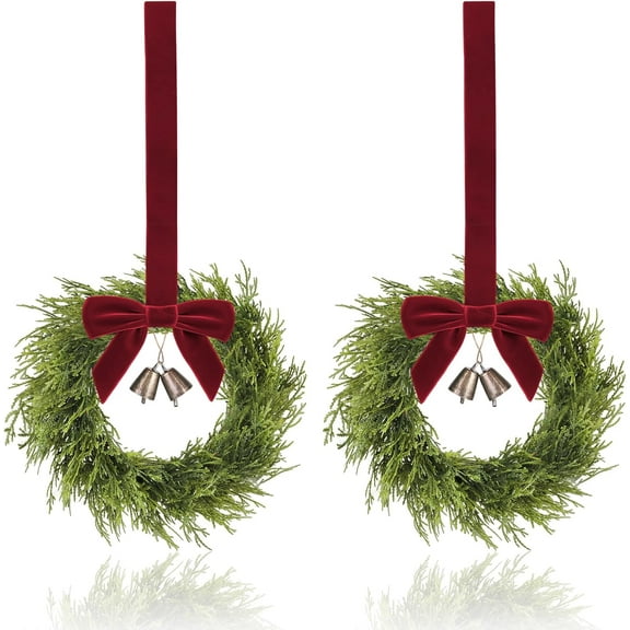 2 PCS Mini Christmas Wreath, 10 Inch Small Wreaths for Kitchen Cabinets, with Deep Red Bow Vintage Bells Pine and Cypress Leaves for Fireplace Window Farmhouse Indoor Home Decorations
