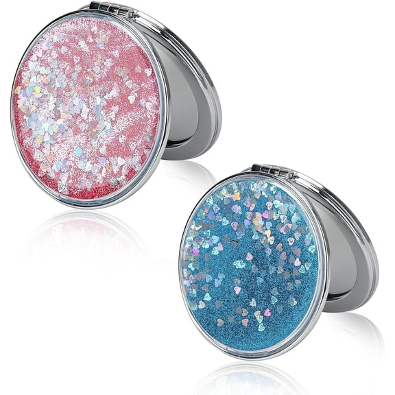 2 PCS Mini Round Folding Makeup Mirror, Quicksand Double-Sided Portable Pocket Circles Compact Mirrors, Small Hand-Held Magnifying Vanity Travel Mirror for Women Girls Students Ladies, Pink & Blue