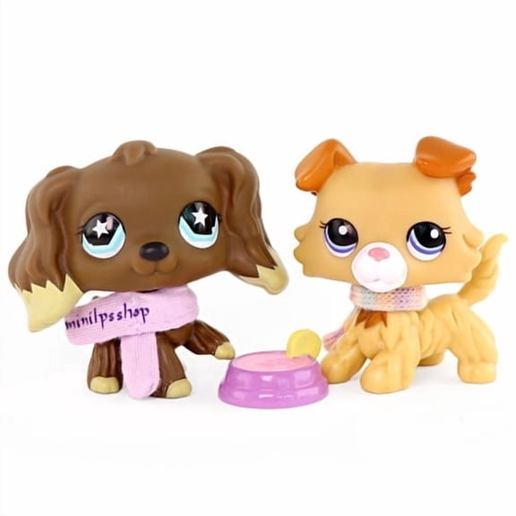 2 PCS Minilpsshop Mini Pets Figures Toys Collie #2452 Cocker Spaniel #960 with Accessories,Collectible Cartoon Animal Figurines