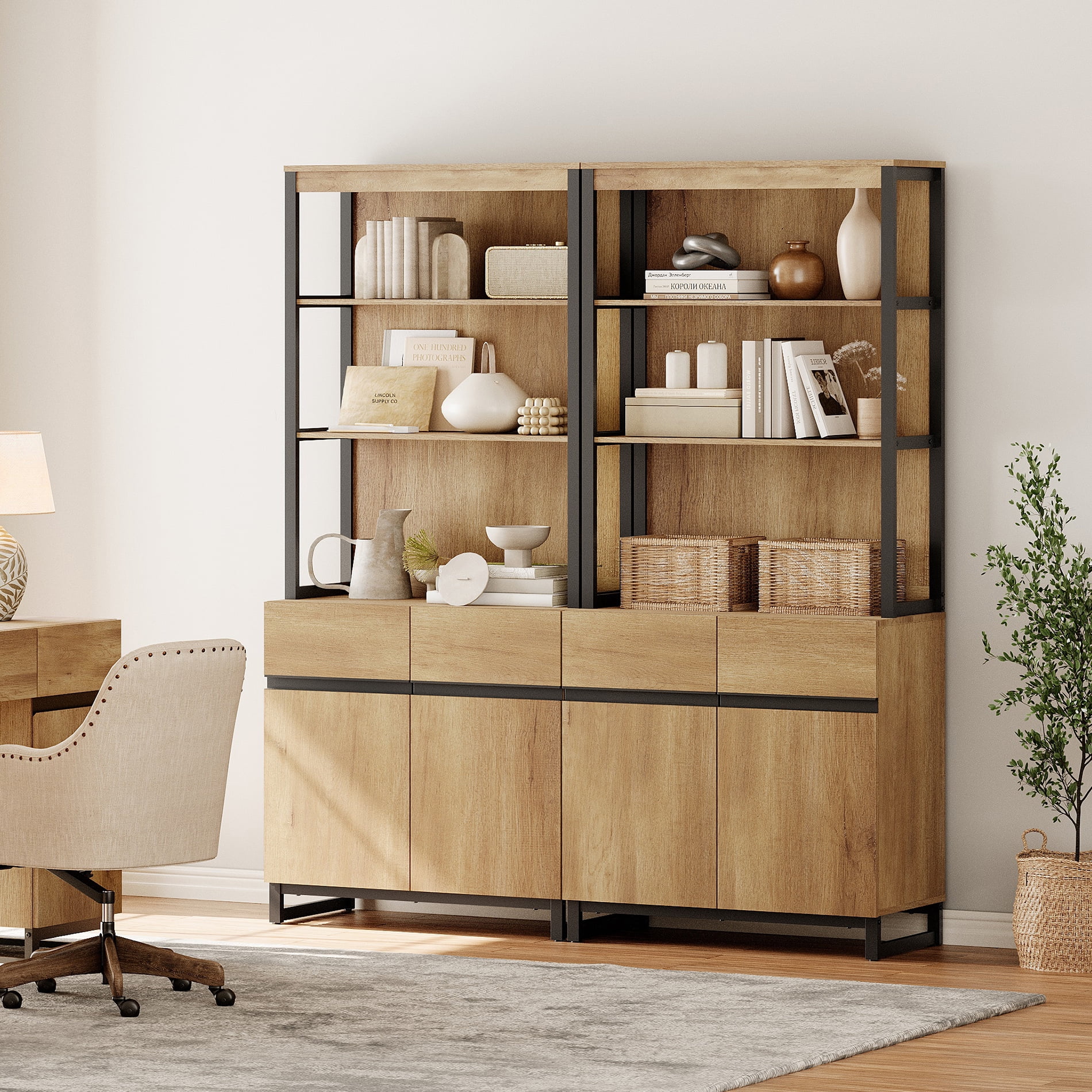 2 PCS Modern 72 Inch Tall Bookcases with Metal Base, Freestanding Library Book Shelf Set with Adjustable Shelves, Closed Storage Cabinet and Open Shelves for Home Office, Living Room