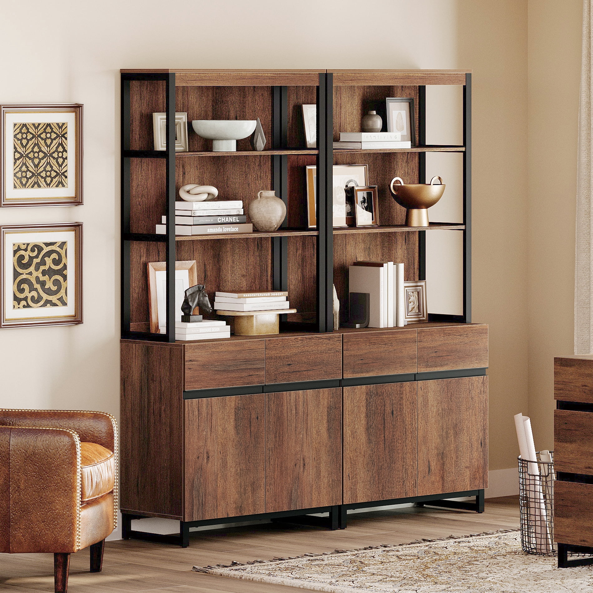 2 PCS Modern 72 Inch Tall Bookcases with Metal Base, Freestanding Library Book Shelf Set with Adjustable Shelves, Closed Storage Cabinet and Open Shelves for Home Office, Living Room