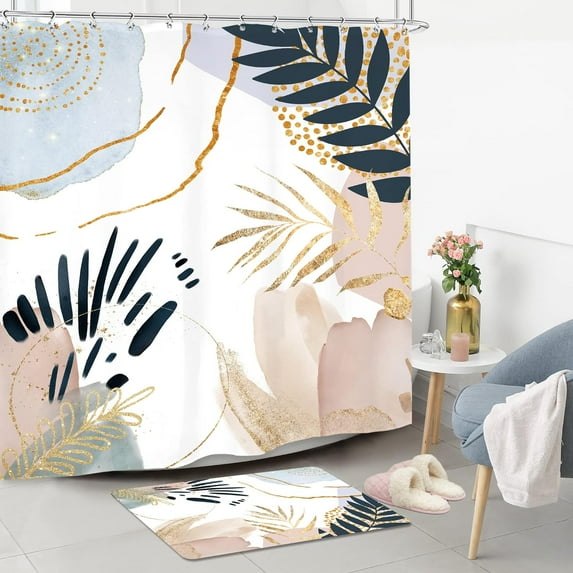 2 PCS Modern Shower Curtain 72Wx72H Inches Mid Century Geometric Abstract Bathroom Rug Set 70s Pastel Bath Contour Mat Boho Bathroom Accessories Home Washroom Decor Shower Supplies