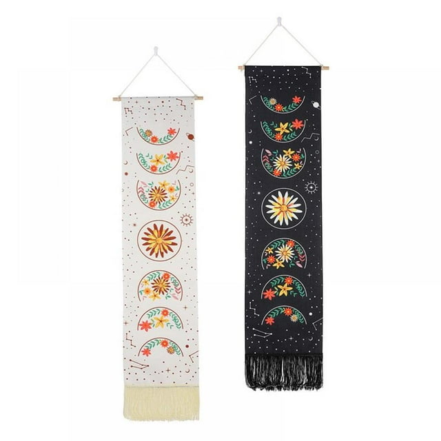 2 PCS Moon Phase Tapestry Floral Tapestries Starry Sky Tapestry Boho Tapestry Wall Hanging for Room (Beige+Black, 12.8 x 51.2 inches)