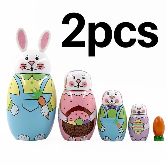 2 PCS Multicolor Russian Nesting Dolls Easter Five Layer Bunny Set Crafts Children Day Easter Gift Toy Plastic