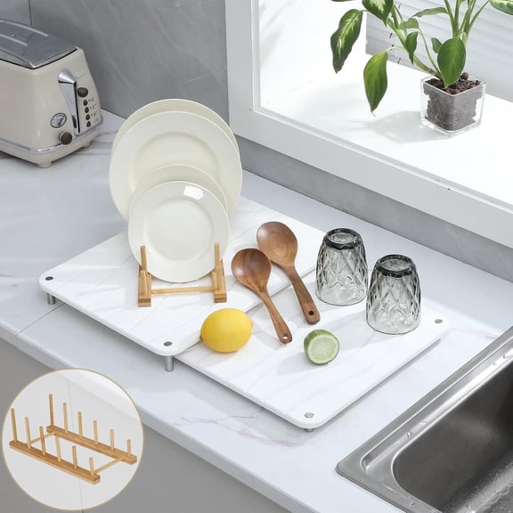2 PCS Nesting Stone Drying Mat for Kitchen Counter,Equipped Dish Rack,Tableware Drying Mat Set,Diatomaceous Earth MaterialSuitable for Plates,Cups and Any Kitchen Utensils (White)