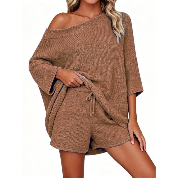 2 PCS Off Shoulder Women's Outfits Sweater Sets Knit Top Shorts Matching Suits Cute Pajama Lounge Set
