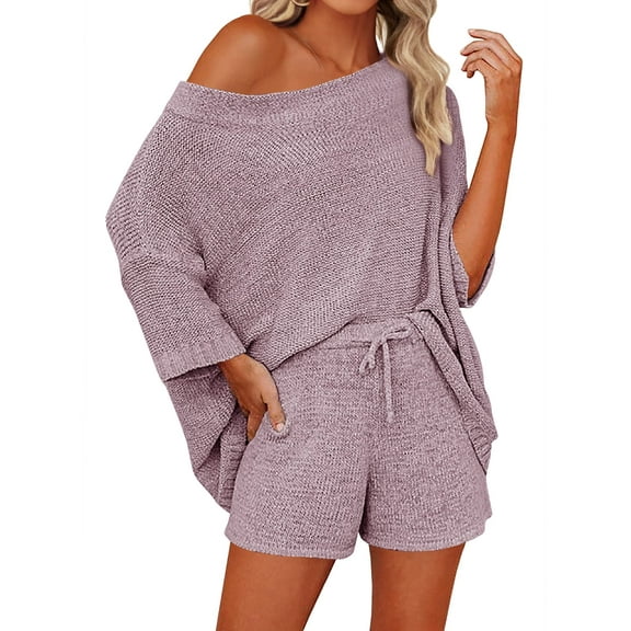 2 PCS Off Shoulder Women's Outfits Sweater Sets Knit Top Shorts Matching Suits Cute Pajama Lounge Set