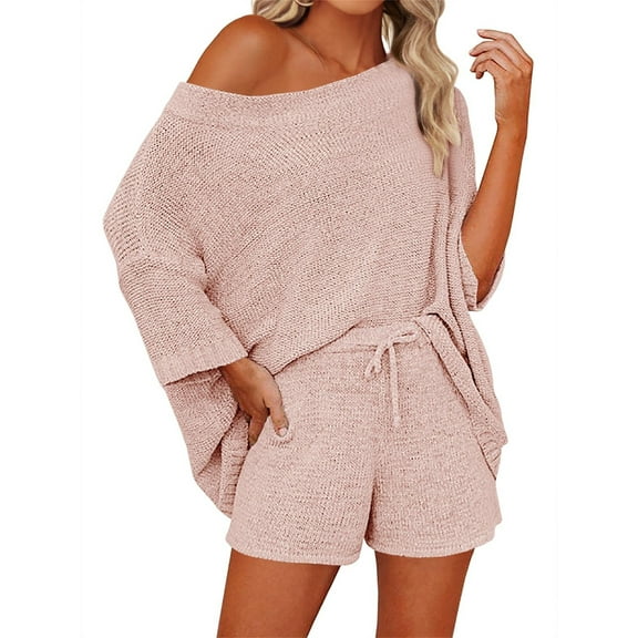 2 PCS Off Shoulder Women's Outfits Sweater Sets Knit Top Shorts Matching Suits Cute Pajama Lounge Set