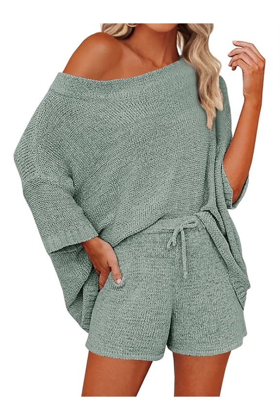 2 PCS Off Shoulder Women's Outfits Sweater Sets Knit Top Shorts Matching Suits Cute Pajama Lounge Set
