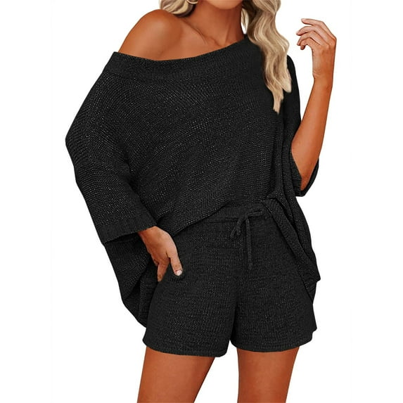 2 PCS Off Shoulder Women's Outfits Sweater Sets Knit Top Shorts Matching Suits Cute Pajama Lounge Set