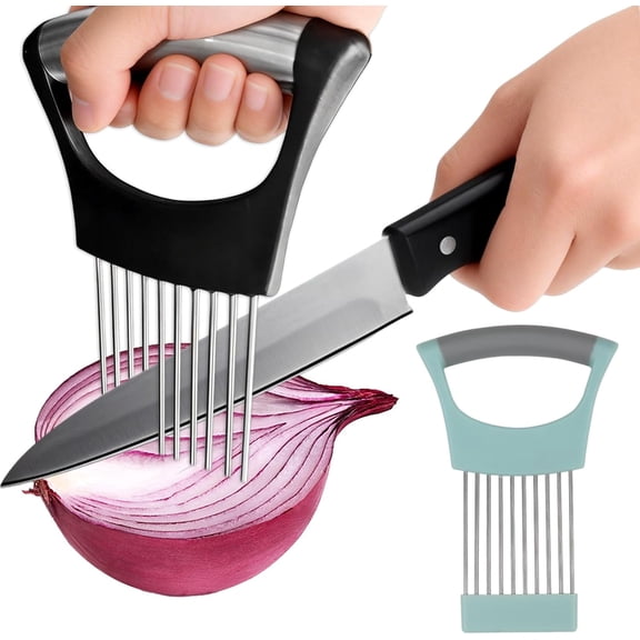 2 PCS Onion Holder for Slicing, Stainless Steel Vegetable Fruit Cutter Chopper, Multi-use Kitchen Slicer Assistant Tool for Onion Tomato Avocado Potato Egg Lemon Meat, Blue & Black