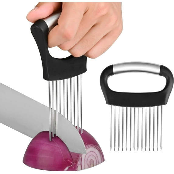 【2 PCS】Onion Holder for Slicing - Stainless Steel Vegetable & Fruit Cutter Chopper Onions, Tomatoes, Avocados, Potatoes, Eggs, Meat Lemon Kitchen Slicer Assistant with Neat Guide Tenderizer.