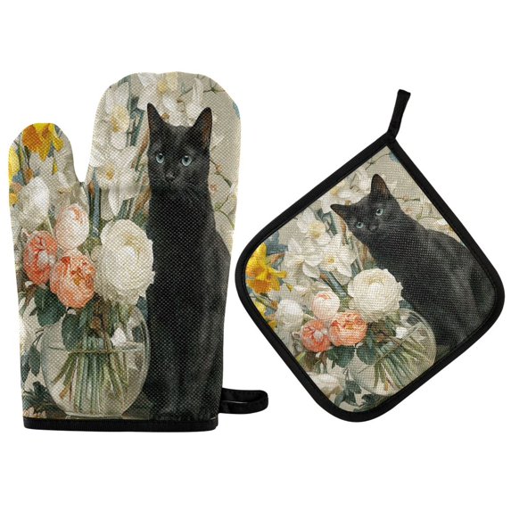 2 PCS Oven Baking Gloves Set Heat Resistant Oven Mitt & Pot Holder Set Cooking Mitts Kitchen Home Supplies Black Cat and Glass Vase