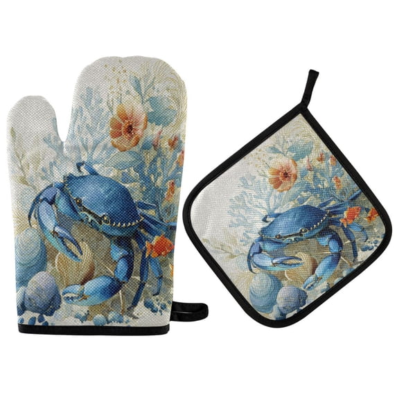 2 PCS Oven Baking Gloves Set Heat Resistant Oven Mitt & Pot Holder Set Cooking Mitts Kitchen Home Supplies Blue Crab and Shells