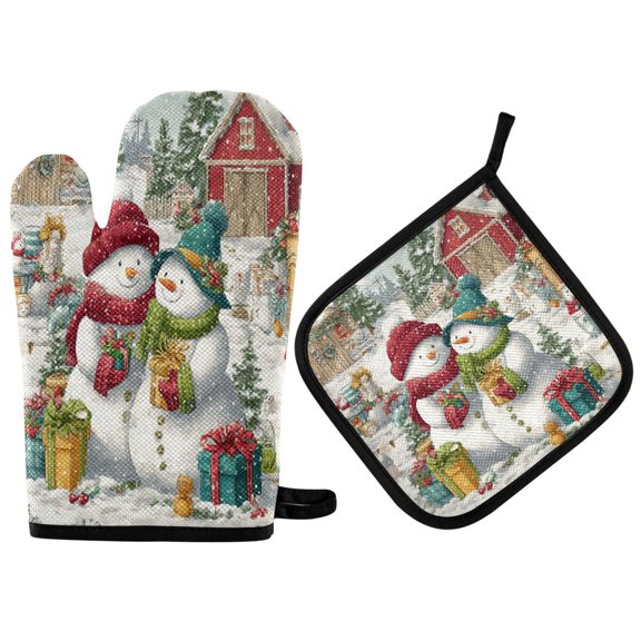 2 PCS Oven Baking Gloves Set Heat Resistant Oven Mitt & Pot Holder Set Cooking Mitts Kitchen Home Supplies Christmas Design with Snowmen