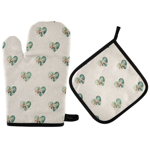 2 PCS Oven Baking Gloves Set Heat Resistant Oven Mitt & Pot Holder Set Cooking Mitts Kitchen Home Supplies Emerald Green Hearts Pattern