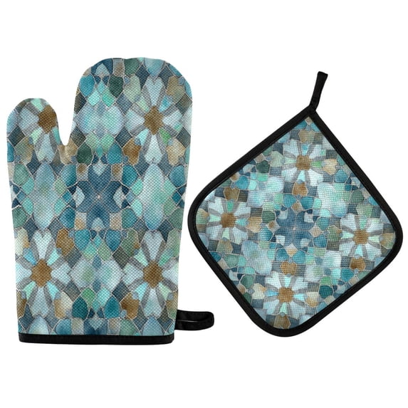 2 PCS Oven Baking Gloves Set Heat Resistant Oven Mitt & Pot Holder Set Cooking Mitts Kitchen Home Supplies Intricate Blue Block Pattern