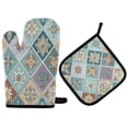 thumbnail image 1 of 2 PCS Oven Baking Gloves Set Heat Resistant Oven Mitt & Pot Holder Set Cooking Mitts Kitchen Home Supplies Intricate Blue Shape, 1 of 5
