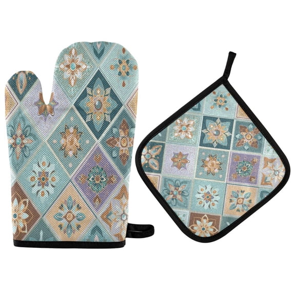 2 PCS Oven Baking Gloves Set Heat Resistant Oven Mitt & Pot Holder Set Cooking Mitts Kitchen Home Supplies Intricate Blue Shape
