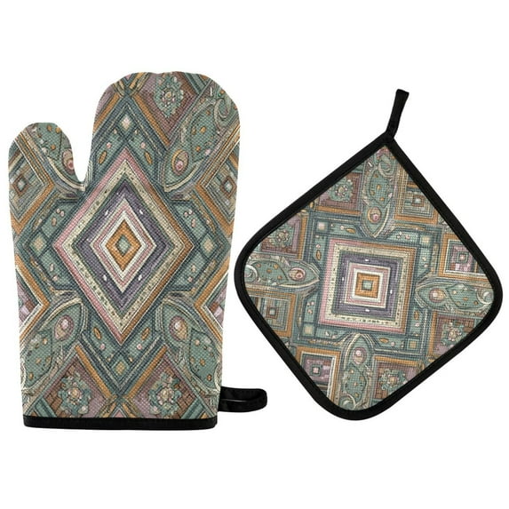 2 PCS Oven Baking Gloves Set Heat Resistant Oven Mitt & Pot Holder Set Cooking Mitts Kitchen Home Supplies Intricate Brown Batik Pattern