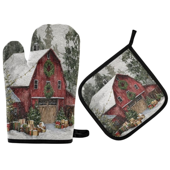 2 PCS Oven Baking Gloves Set Heat Resistant Oven Mitt & Pot Holder Set Cooking Mitts Kitchen Home Supplies Old Red Barn
