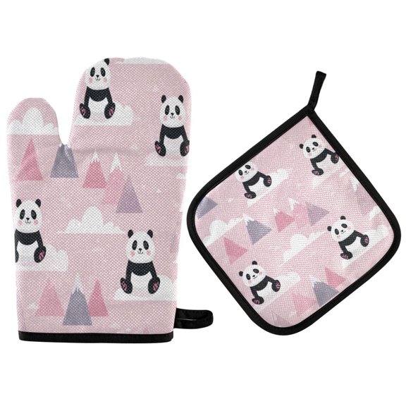 2 PCS Oven Baking Gloves Set Heat Resistant Oven Mitt & Pot Holder Set Cooking Mitts Kitchen Home Supplies Panda and Clouds Pattern