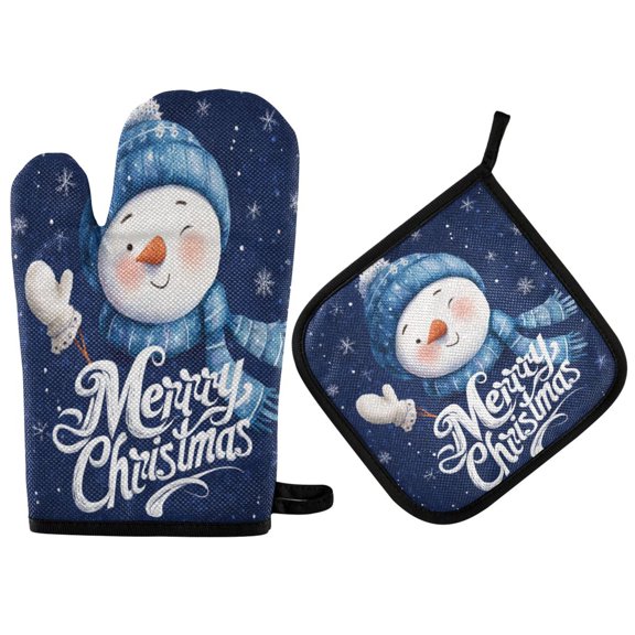 2 PCS Oven Baking Gloves Set Heat Resistant Oven Mitt & Pot Holder Set Cooking Mitts Kitchen Home Supplies Snowman Wearing Blue Scarf and Hat