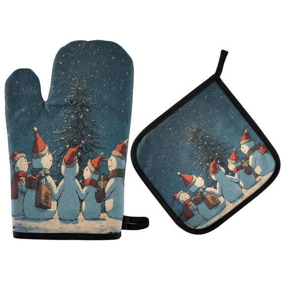 2 PCS Oven Baking Gloves Set Heat Resistant Oven Mitt & Pot Holder Set Cooking Mitts Kitchen Home Supplies Snowman with A Christmas Hat