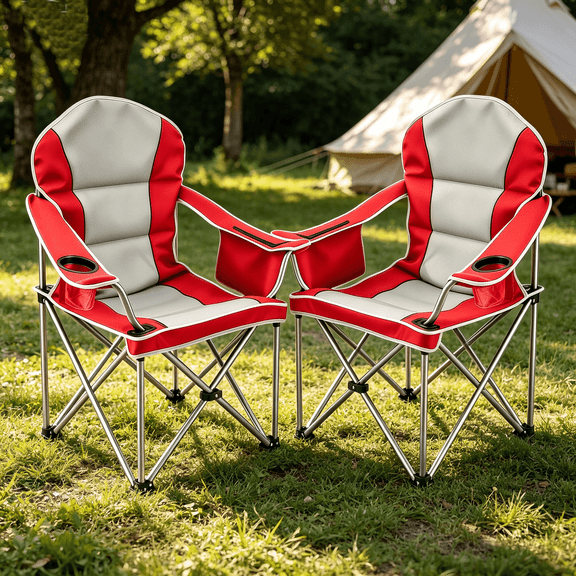 2 PCS Oversized Camping Chair, Folding Chairs with Padded Back and Armrest, Steel Frame with Cooler Bag, Storage Netting Cup Holder, Red