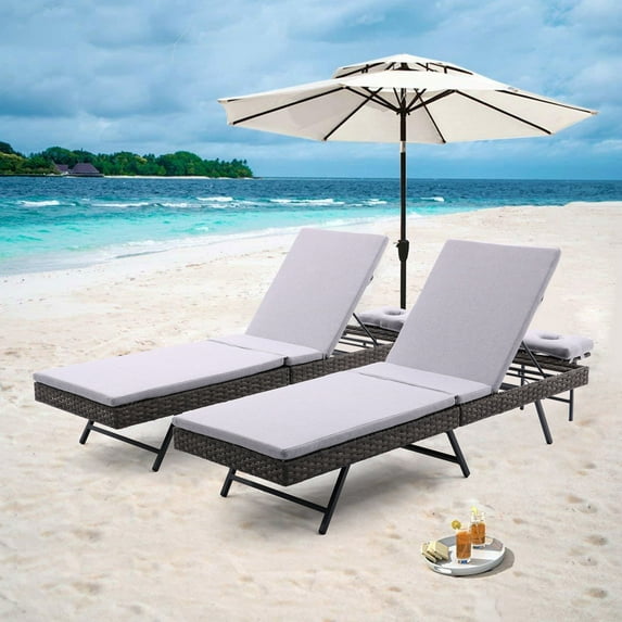 2 PCS Patio Rattan Chaise Lounge with Face Hole Folding Outdoor Chair Reclining Lounger with Cushion Tanning Chair 5 Angle Adjustment Chair for Courtyards Poolside Garden (Light Gray)