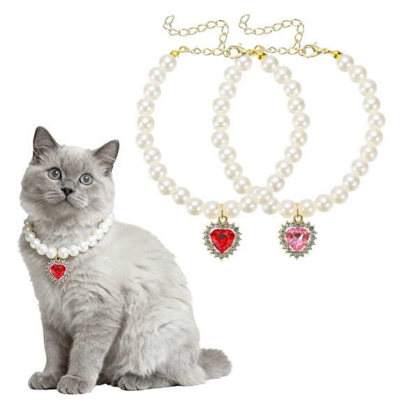 2 PCS Pearl Cat Collar Pet Necklace Collar Resin Imitation Pearls Beaded Adjustable Extender Necklaces with Alloy Rhinestone Heart Charm for Small Dog Jewelry Accessories(Pink S)