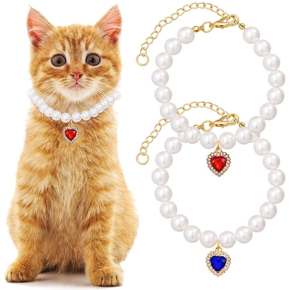 2 PCS Pearl Cat Collar Pet Necklace Collar Resin Imitation Pearls Beaded Adjustable Extender Necklaces with Alloy Rhinestone Heart Charm for Small Dog Jewelry Accessories(White S)