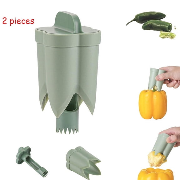 2 PCS Pepper Seed Corer Remover,2 in 1 Bell Pepper Cutter Pepper Porer Seed Remover Tool, Quickly Cutting and Fruit Pepper Corer Bell Pepper Cutter for Kitchen Home Family Camping Green