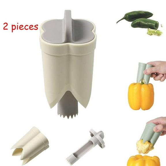 2 PCS Pepper Seed Corer Remover,2 in 1 Bell Pepper Cutter Pepper Porer Seed Remover Tool, Quickly Cutting and Fruit Pepper Corer Bell Pepper Cutter for Kitchen Home Family Camping Beige