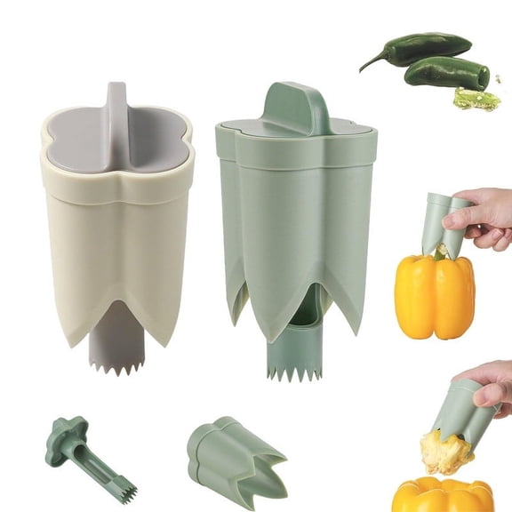 2 PCS Pepper Seed Corer Remover,2 in 1 Bell Pepper Cutter Pepper Porer Seed Remover Tool, Quickly Cutting and Fruit Pepper Corer Bell Pepper Cutter for Kitchen Home Family Camping Beige+Green