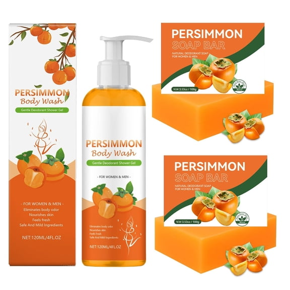 2 PCS Persimmon Soap Bar and 1 Persimmon Body Wash for Body Odor Control, Natural Deodorant Soap for Old People Smell, Remove Body Odor Shower Gel, Persimmon Bath Soap for Women & Men