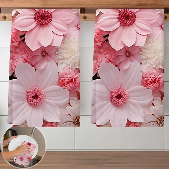 2 PCS Pink Flower Close-up Dish Cloth Set - 40x60cm Reusable Kitchen Cleaning Cloths, Absorbent, Lint-Free Towels for Dishwashing, Countertop Wiping, Home Cleaning