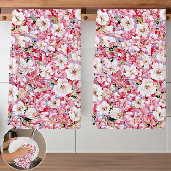 2 PCS Pink Flower Pattern Dish Cloth Set - 40x60cm Reusable Kitchen Cleaning Cloths, Absorbent, Lint-Free Towels for Dishwashing, Countertop Wiping, Home Cleaning
