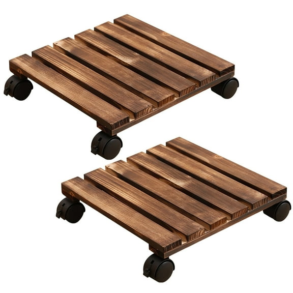 2 PCS Plant Caddy with Wheels, 12 inch Square Wooden Plant Stand with 4 Rotating Casters, Rolling Plant Stand for Large Planters Flower Pots, Easy to Move, Home and Office Use