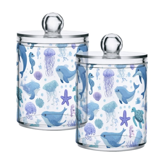 2 PCS Plastic Storage Canister Clear with Lids Airtight Cotton Swabs Cans Bathroom Jar Floss Organizer Cartoon Sea Animals