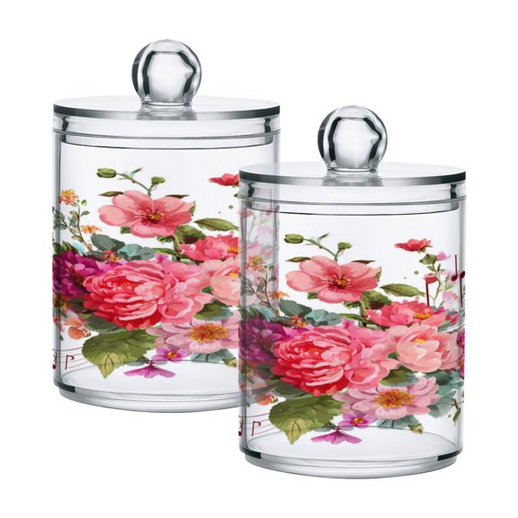 2 PCS Plastic Storage Canister Clear with Lids Airtight Cotton Swabs Cans Bathroom Jar Floss Organizer Colorful Musical Notes with Flowers